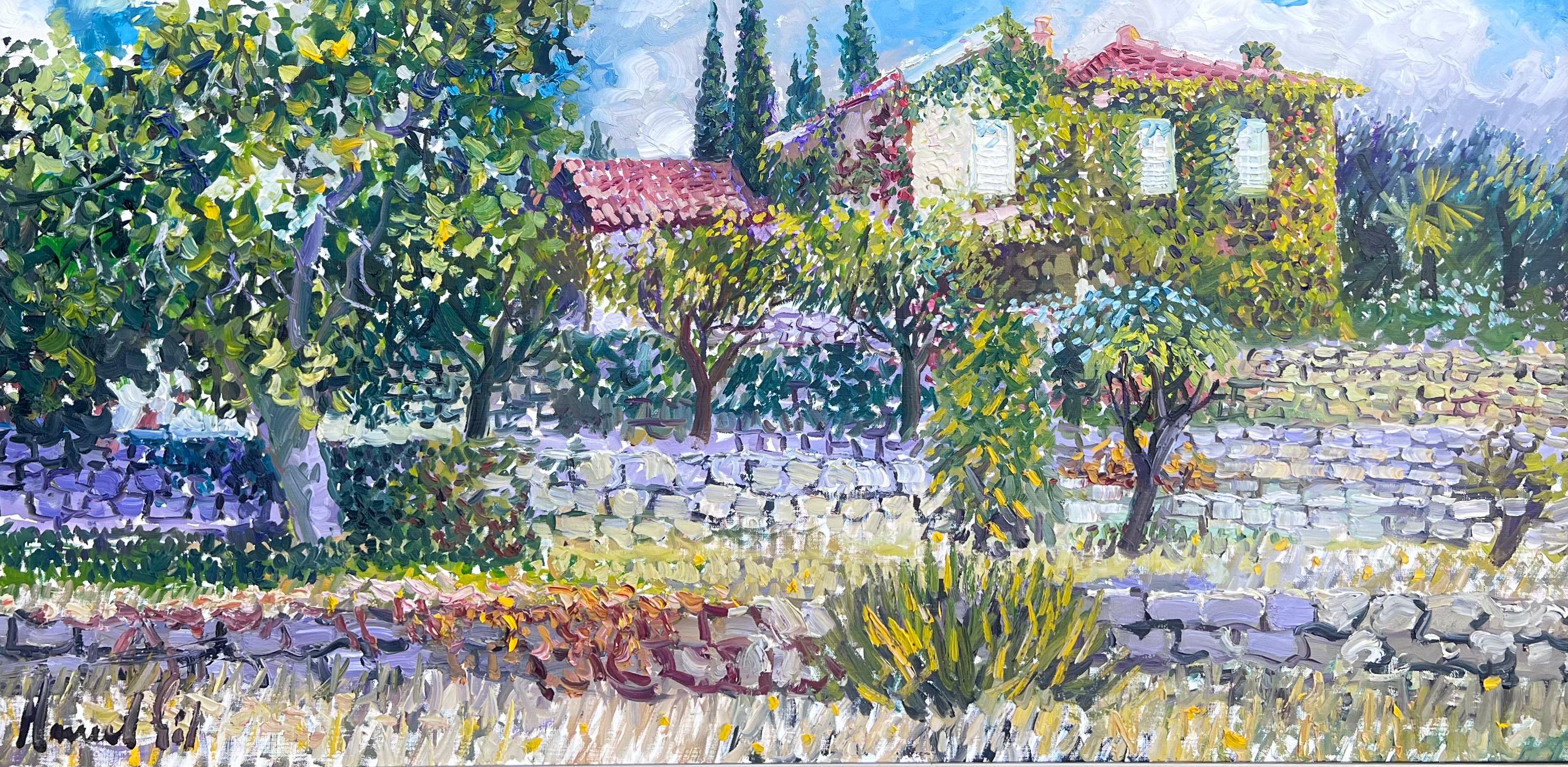 Grande toile française signée « Provencal House in Floral Garden » - Painting de French School