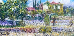 Huge French Signed Oil Painting Provencal House in Floral Garden Large Canvas