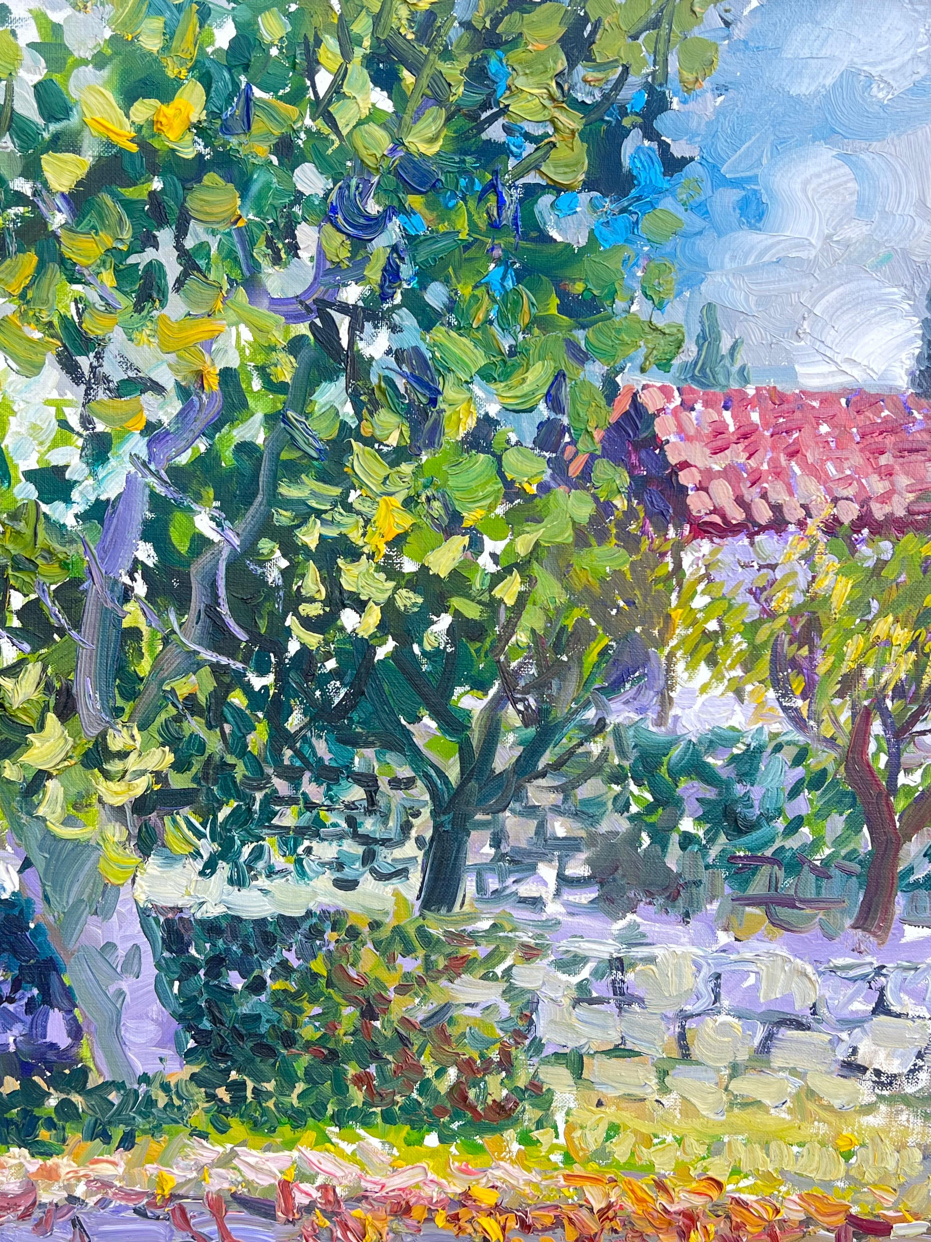 Grande toile française signée « Provencal House in Floral Garden » - Gris Landscape Painting par French School