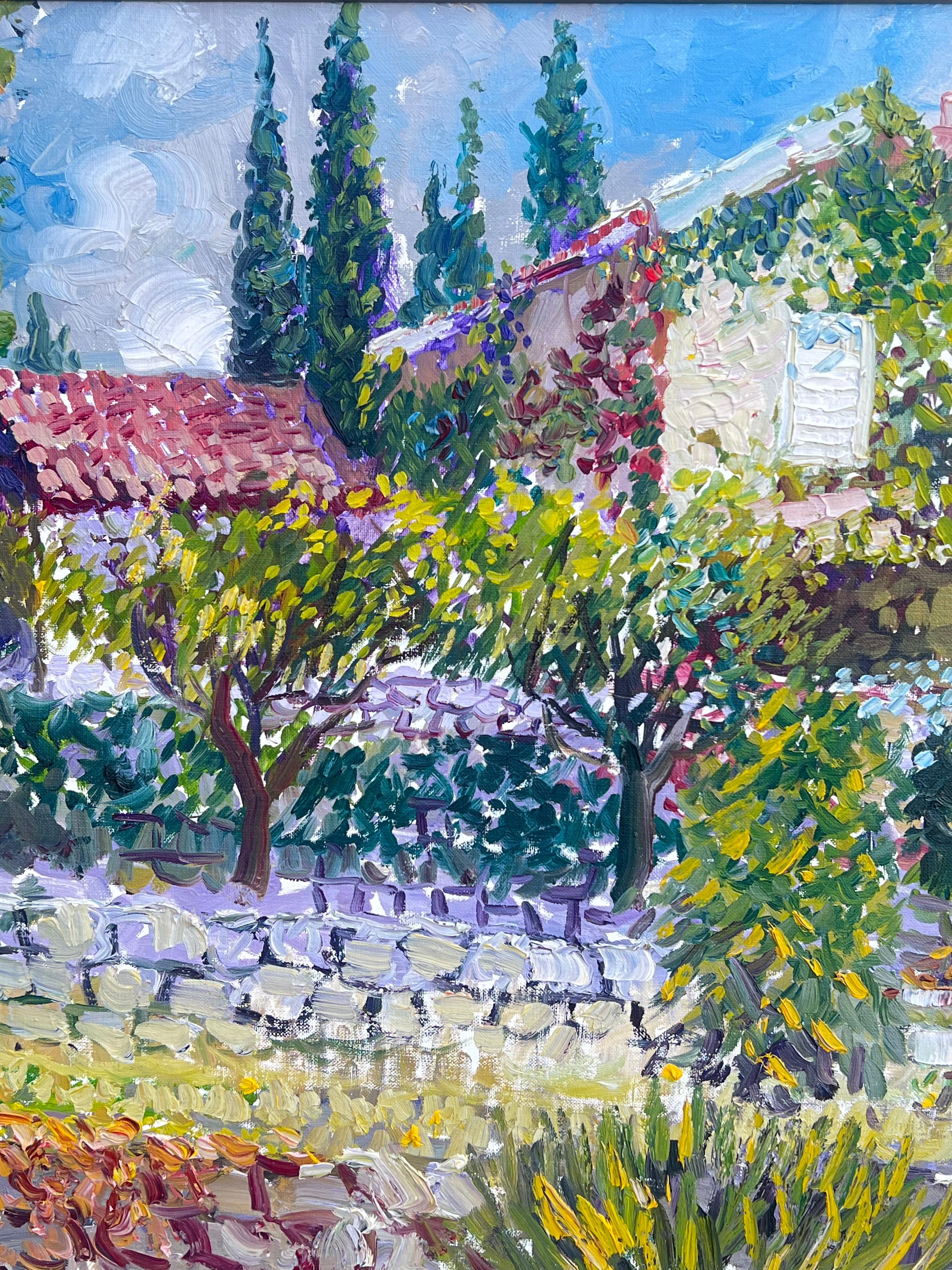 La maison provençale
Français, milieu/seconde moitié du 20e siècle
signé indistinctement 
peinture à l'huile sur toile, encadrée
encadré : 28.75 x 47 pouces
toile :  22.75 x 46 pouces
état : très bon
provenance : collection privée, France

