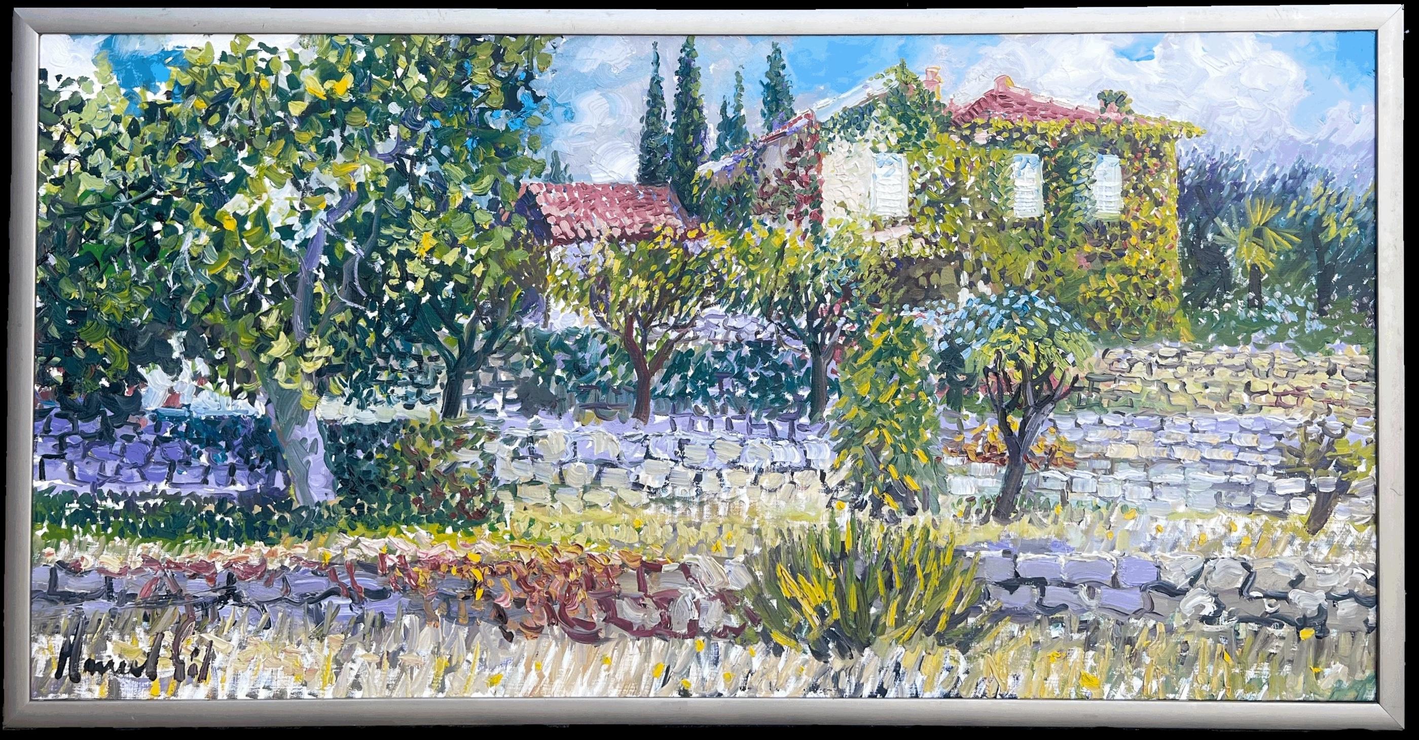 Landscape Painting French School - Grande toile française signée « Provencal House in Floral Garden »