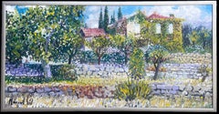 Enorme pittura a olio francese firmata Casa provenzale in giardino floreale grande tela