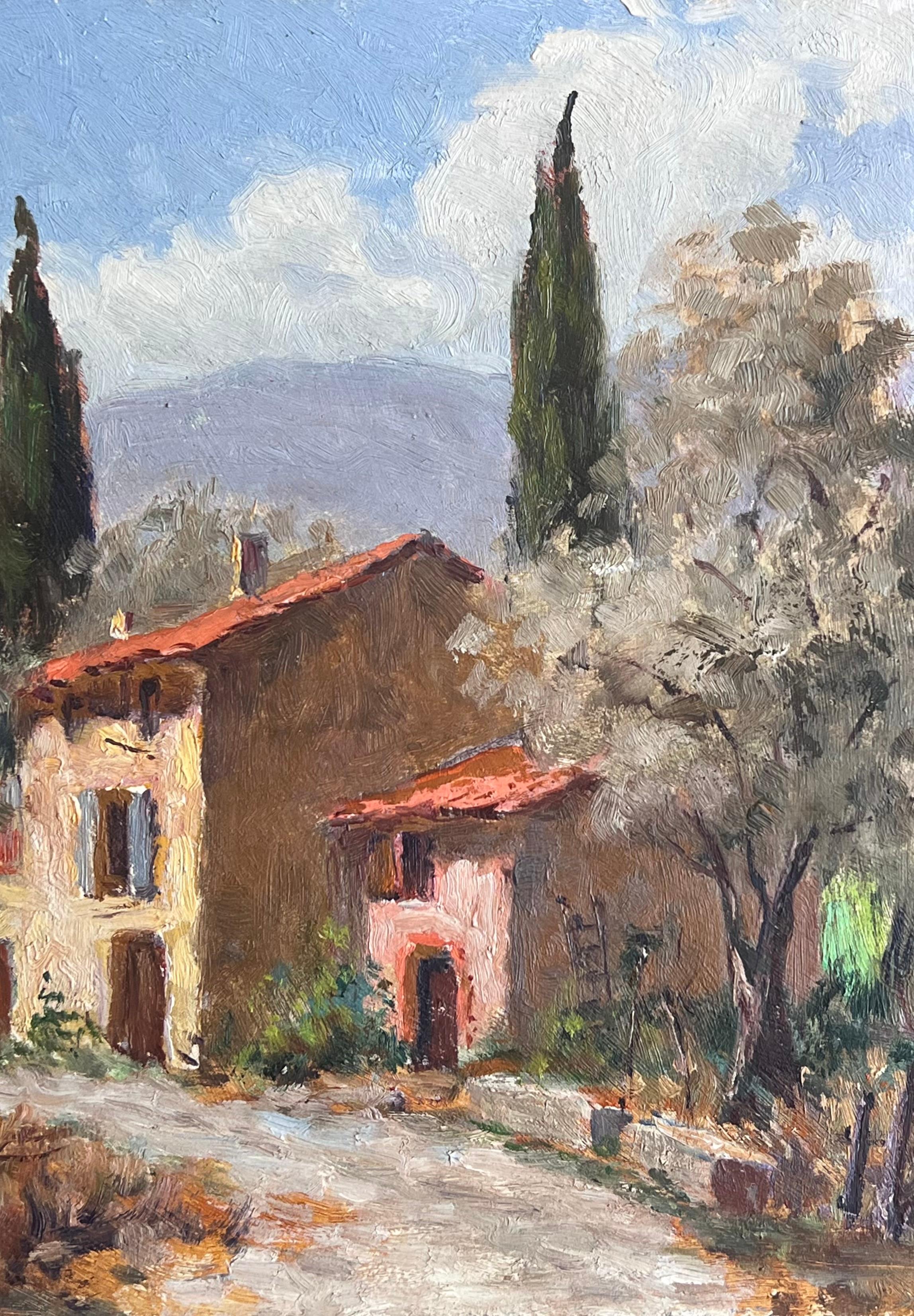 Mid 20th Century French Impressionist Signed Oil Painting Stone Cottage Provence - Gray Landscape Painting by French School