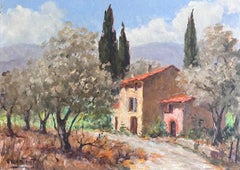 Mediados del siglo XX Pintura al óleo francesa impresionista firmada Stone Cottage Provence