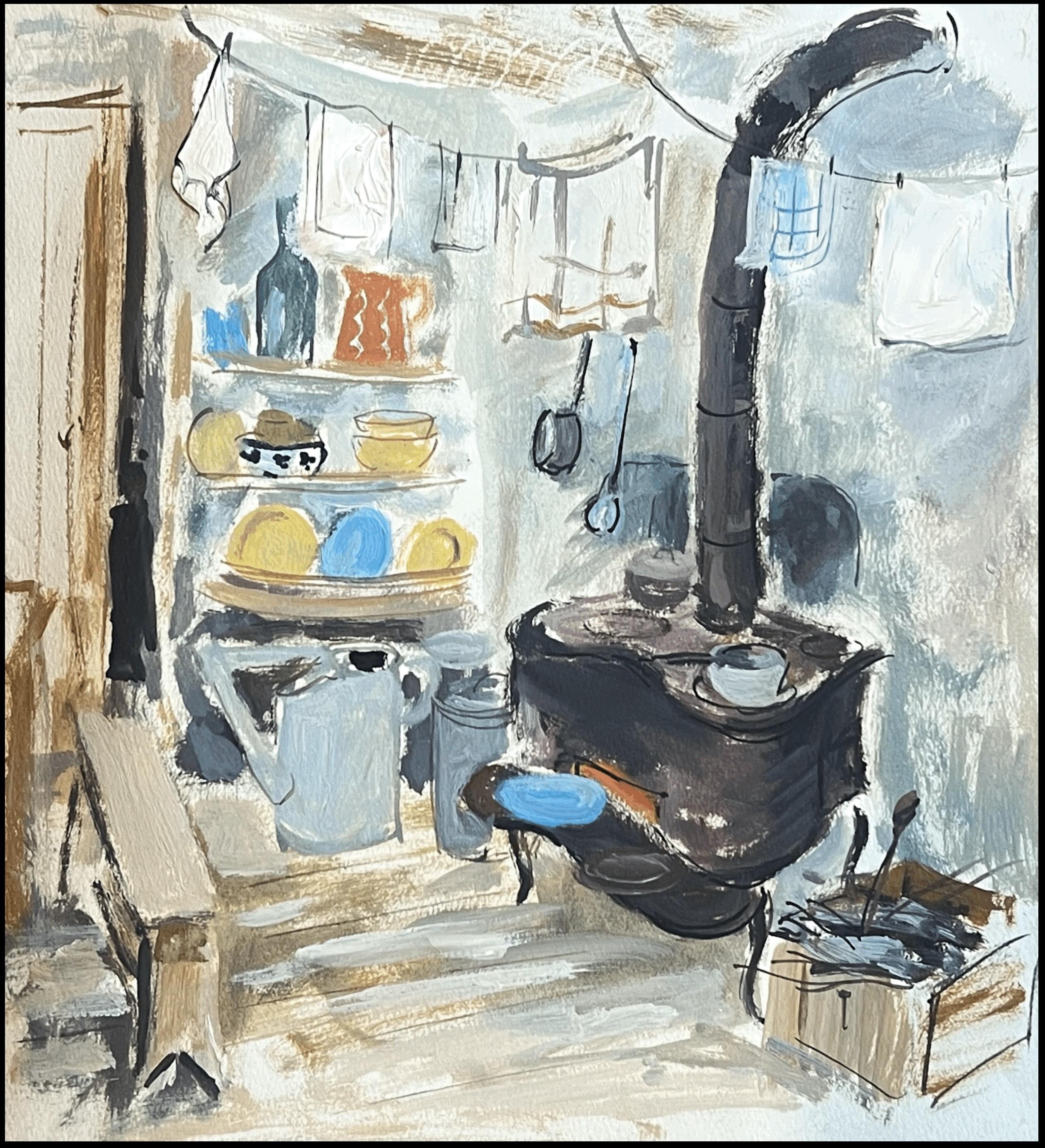 Cocina Interior de Petróleo Francés de Mediados de Siglo Estufa de Leña Ollas y Sartenes - Painting de French School