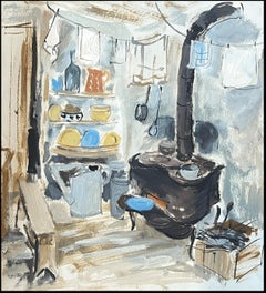 Mid Century French Oil Kitchen Interior Cooker Woodburn Fire Stove Pots & Pans