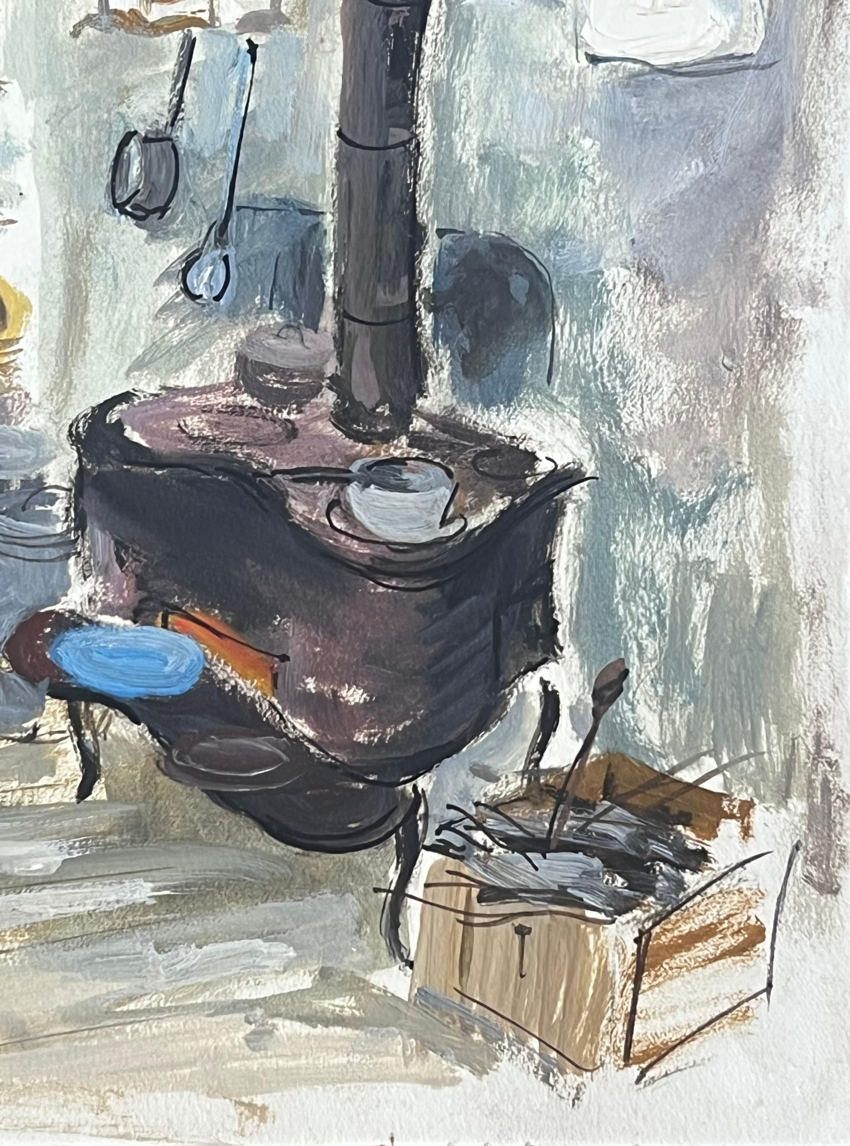 Cocina Interior de Petróleo Francés de Mediados de Siglo Estufa de Leña Ollas y Sartenes - Interior Painting Gris de French School