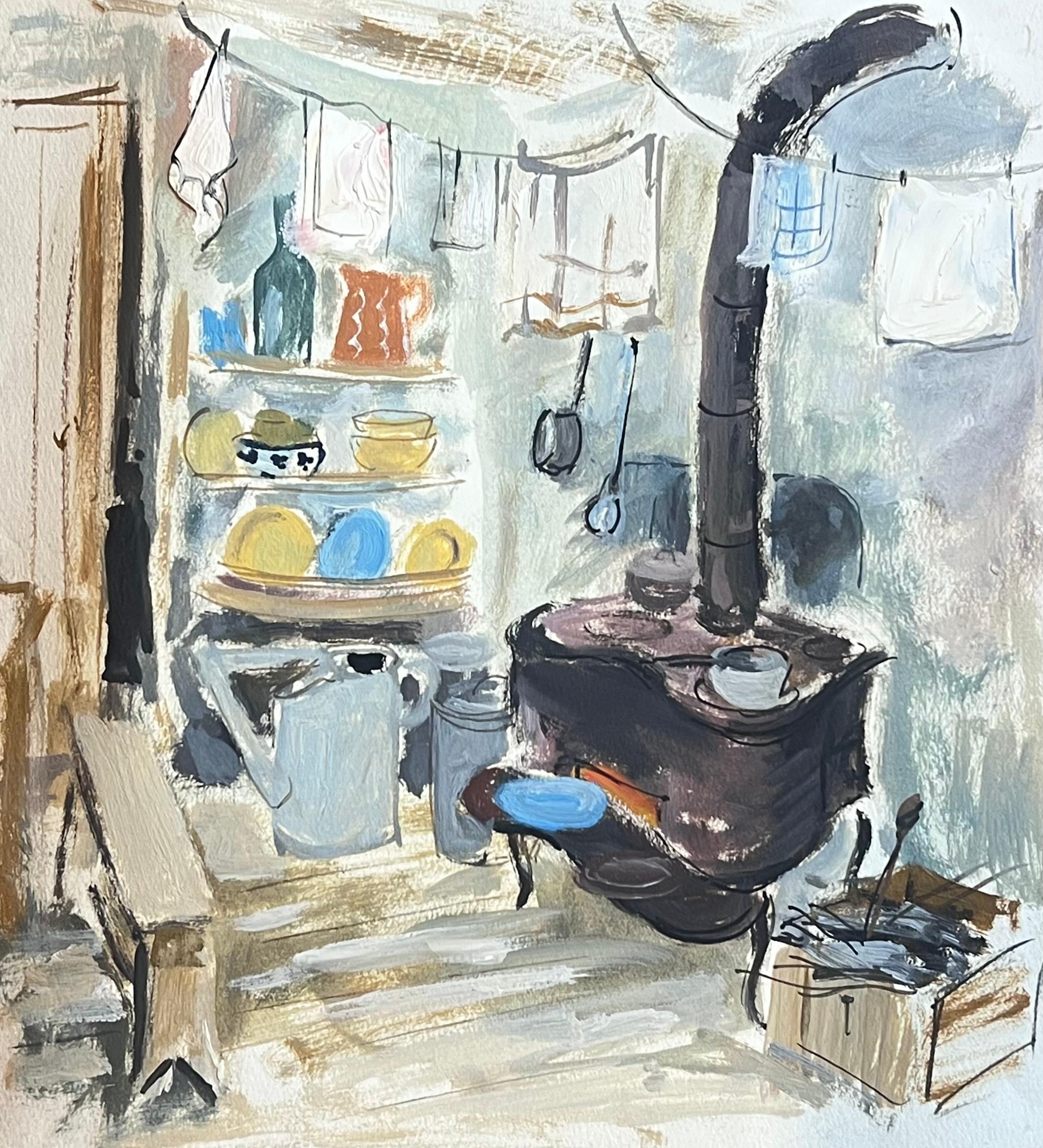 Interior Painting de French School - Cocina Interior de Petróleo Francés de Mediados de Siglo Estufa de Leña Ollas y Sartenes