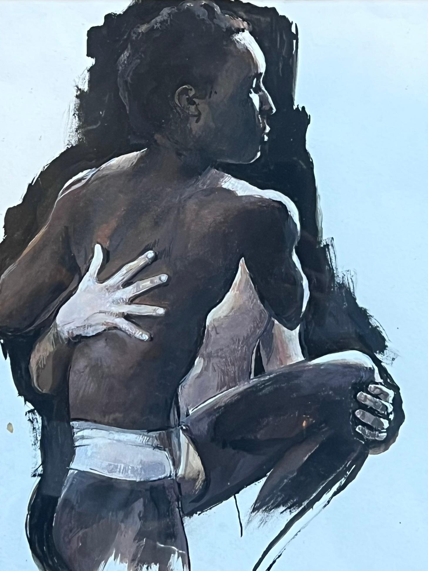 Due uomini semi-nudi abbracciati Pittura francese contemporanea originale - Painting di French School