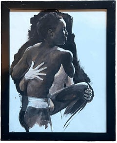 Two Semi Nude Men in Embrace Original Contemporary French Painting