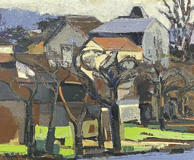 Artist/ School/ Date:
French School, mid 20th century, signed.

Title:
block color depiction of an old French village and buildings, titled verso "rue de Montlignon"

Medium & Size:
oil painting  frame: 25 x 29.25 inches 
                   canvas: