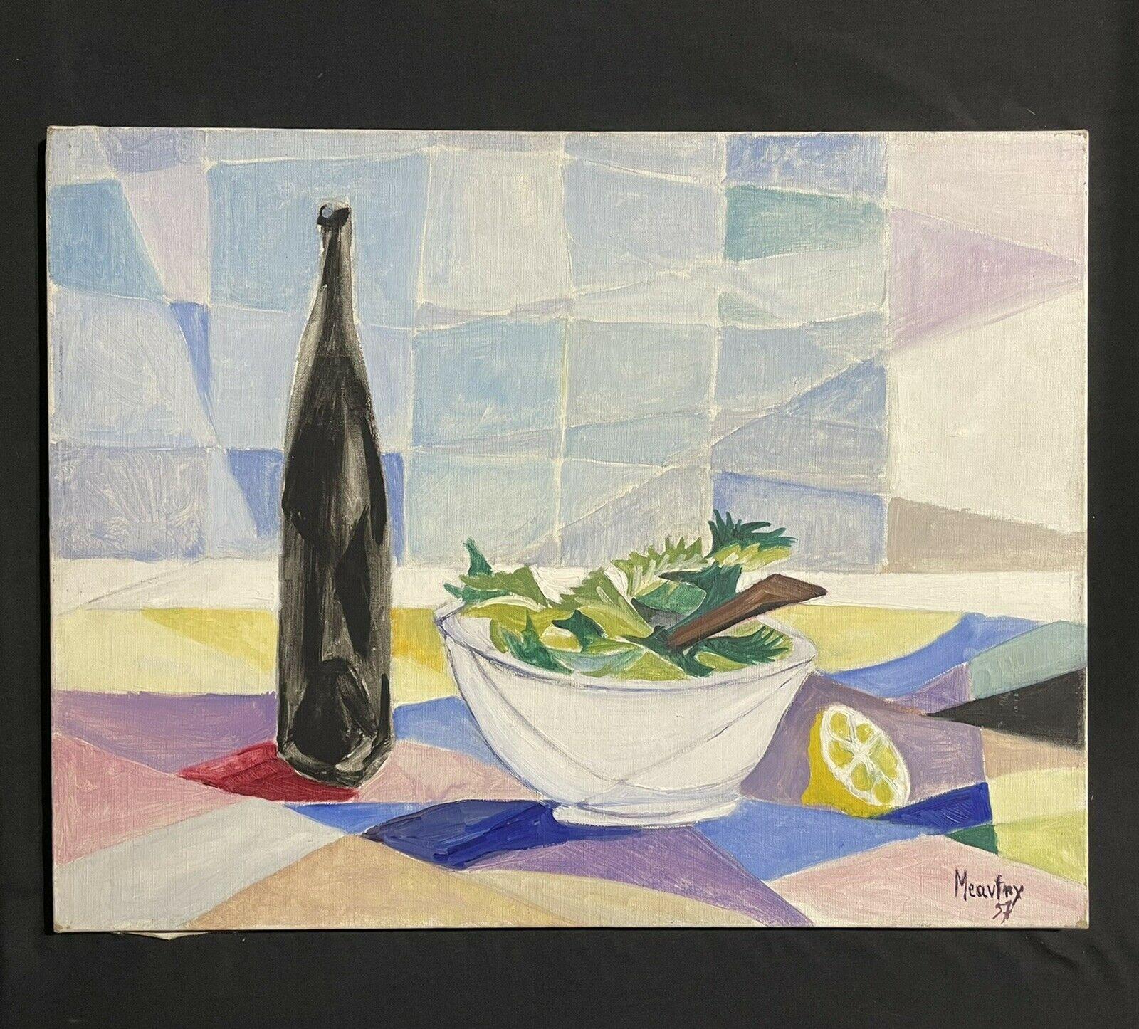 LARGE 1970'S FRENCH CUBIST STILL LIFE OIL PAINTING - TABLE WITH FOOD & WINE - Painting by Unknown