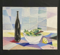 GRAN BODEGÓN CUBISTA FRANCÉS DE LOS AÑOS 70 PINTURA AL ÓLEO - MESA CON COMIDA Y VINO