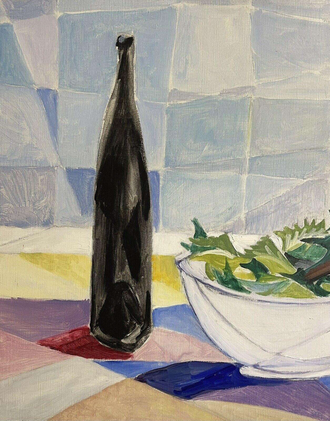 LARGE 1970'S FRENCH CUBIST STILL LIFE OIL PAINTING - TABLE WITH FOOD & WINE - Cubist Painting by Unknown