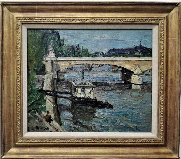 “Bridge over the Seine”, impressionist style landscape, original oil on canvas  - Painting by French School