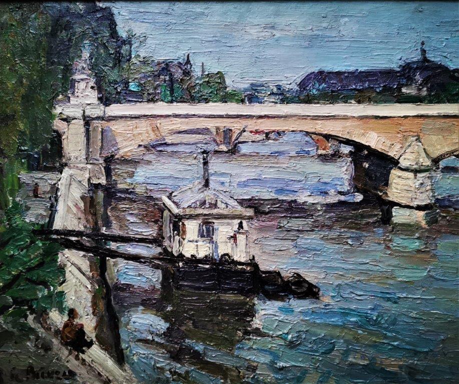 Unknown Landscape Painting - “Bridge over the Seine”, impressionist style landscape, original oil on canvas 