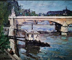 “Bridge over the Seine”, impressionist style landscape, original oil on canvas 