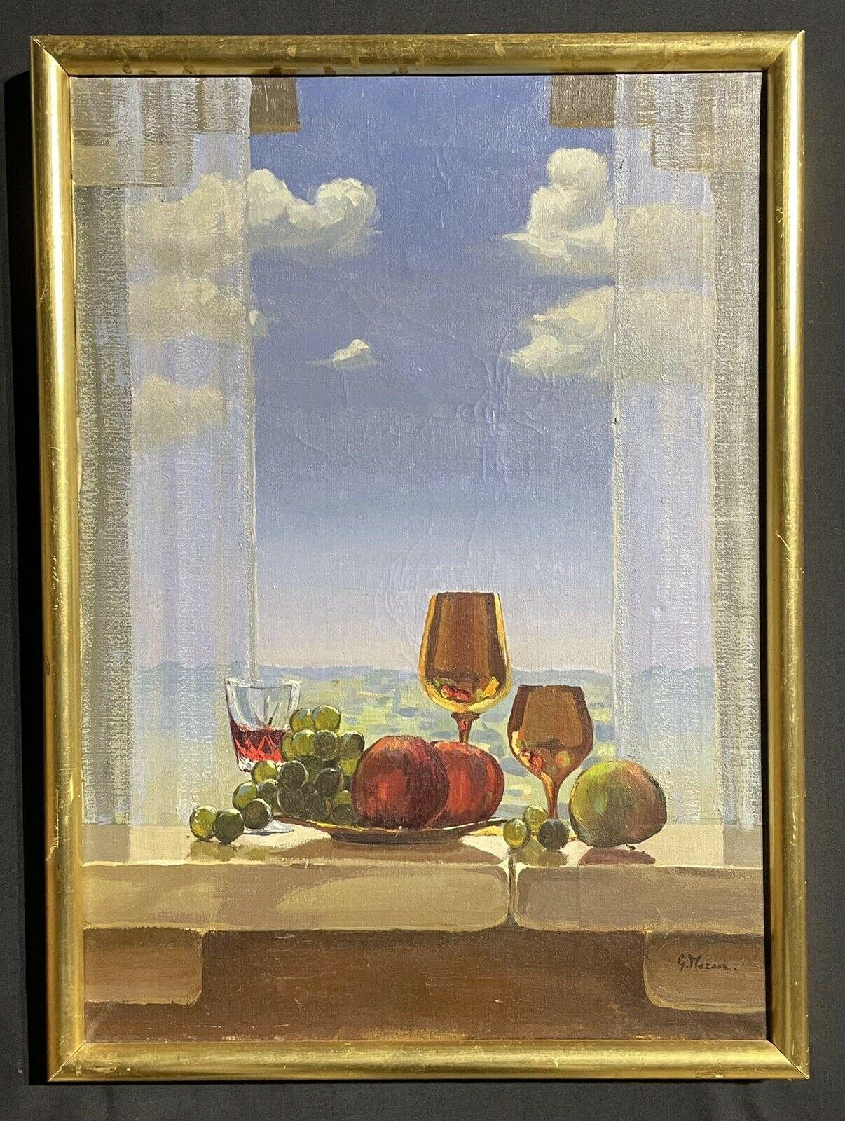 FRENCH SURREALIST SIGNED OIL PAINTING - STILL LIFE BY WINDOW SILL - Painting by Unknown