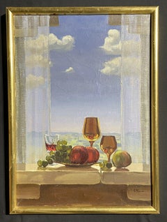 FRENCH SURREALIST SIGNED OIL PAINTING - STILL LIFE BY WINDOW SILL