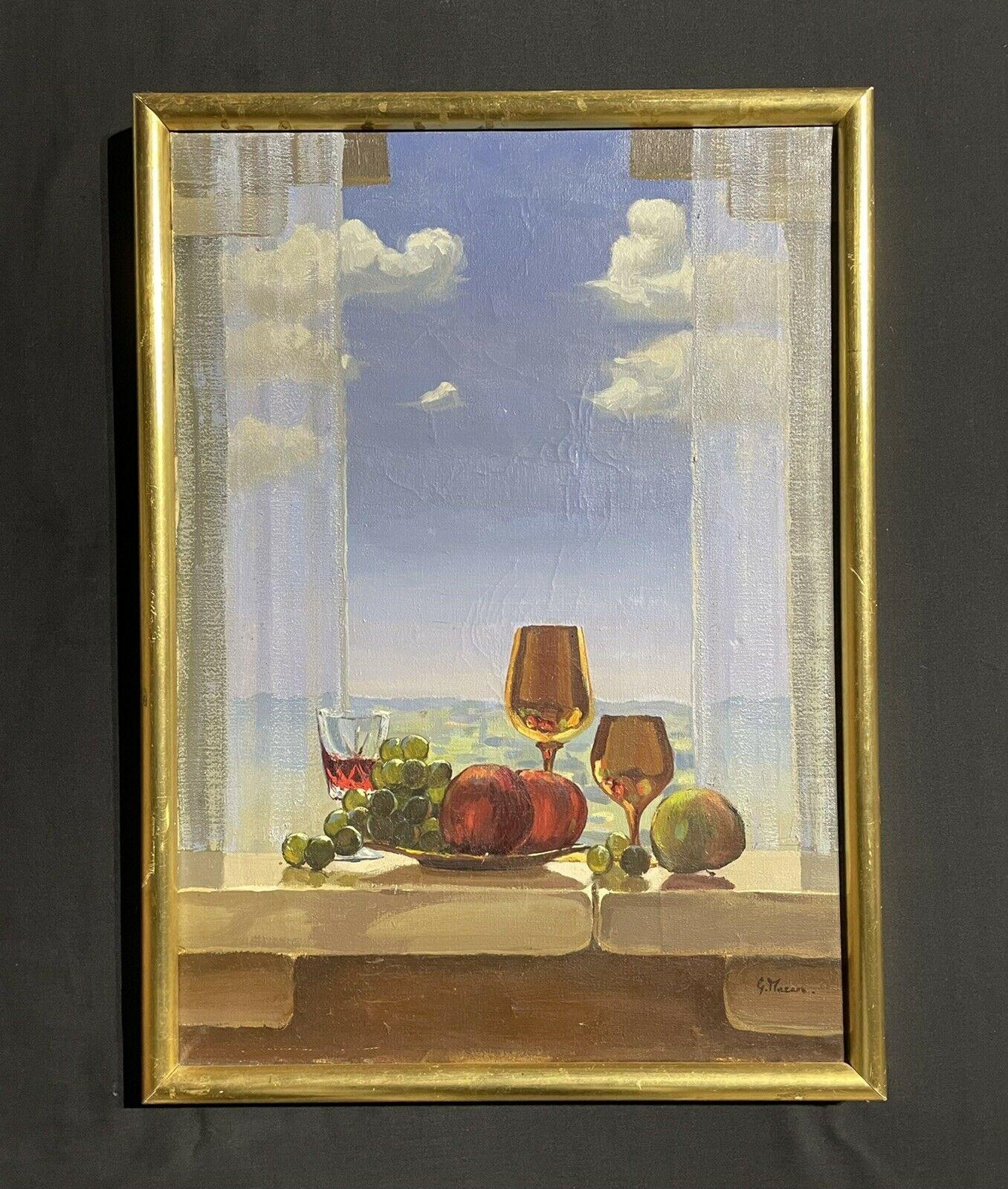 FRENCH SURREALIST SIGNED OIL PAINTING - STILL LIFE BY WINDOW SILL - Surrealist Painting by Unknown