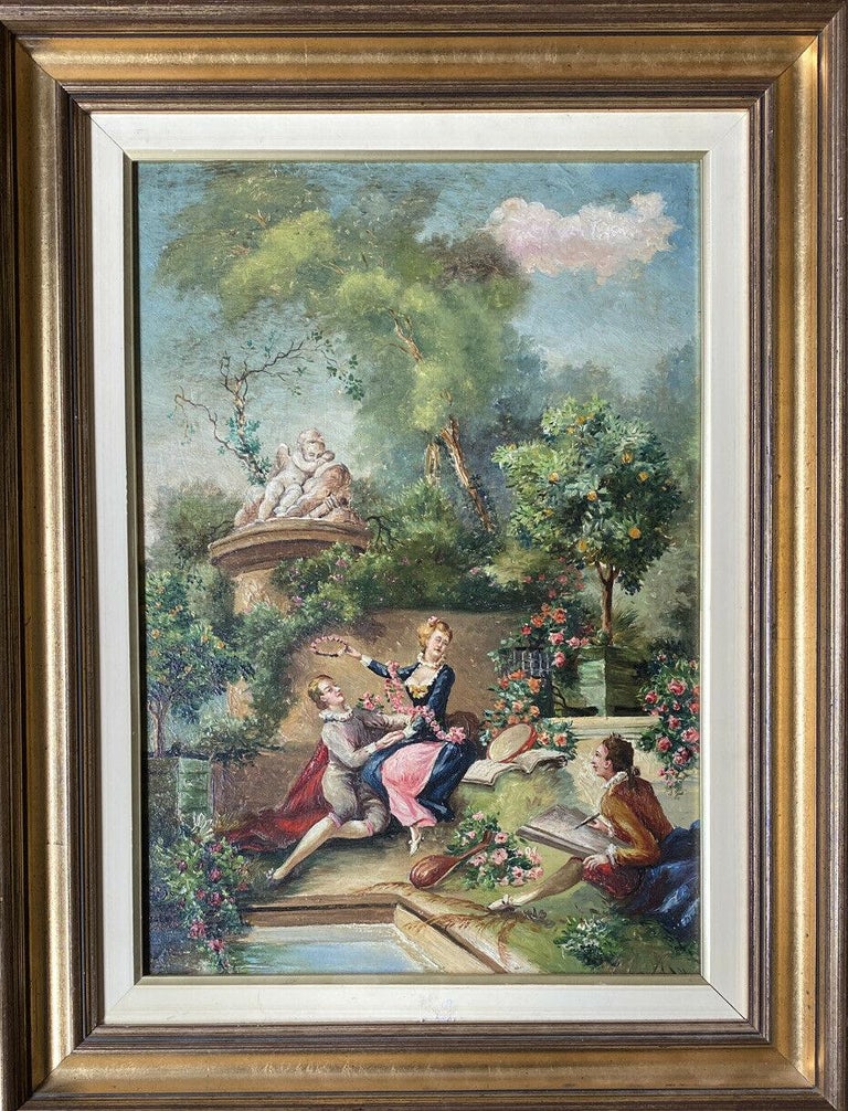 CLASSICAL FRENCH OIL PAINTING FETE CHAMPETRE ELEGANT FIGURES COURTYARD SETTING - Painting by French  School