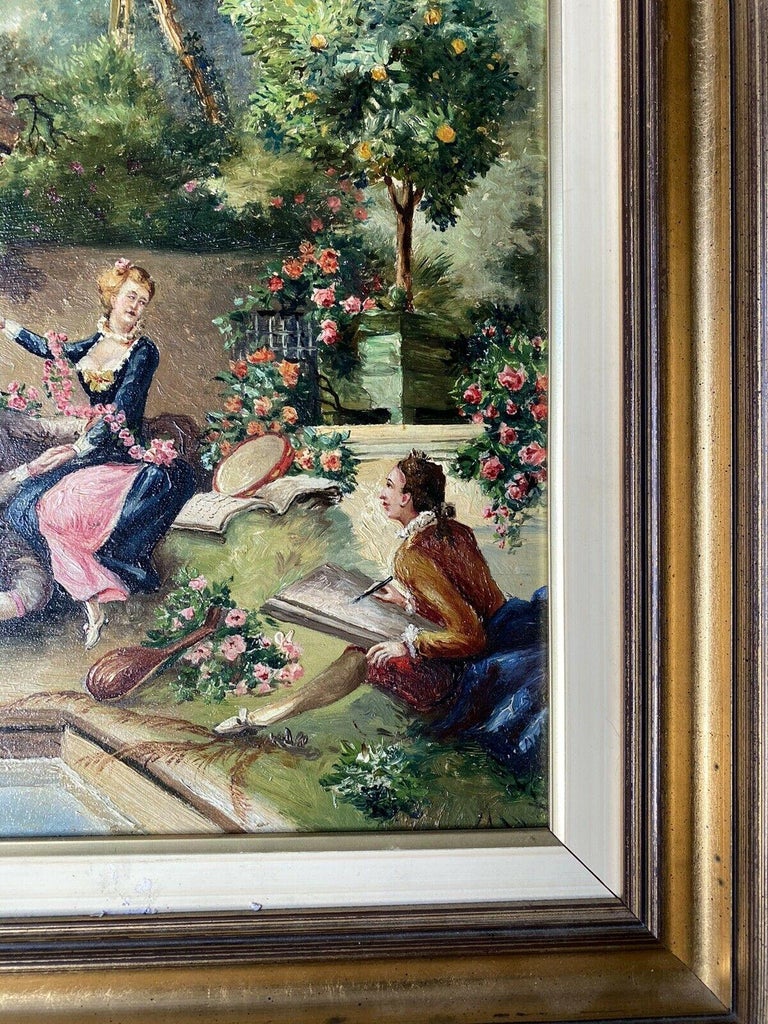 CLASSICAL FRENCH OIL PAINTING FETE CHAMPETRE ELEGANT FIGURES COURTYARD SETTING - Rococo Painting by French  School