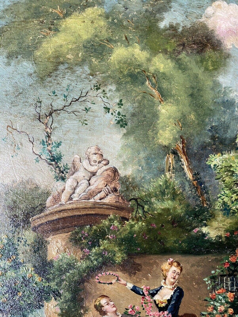 CLASSICAL FRENCH OIL PAINTING FETE CHAMPETRE ELEGANT FIGURES COURTYARD SETTING - Gray Landscape Painting by French  School