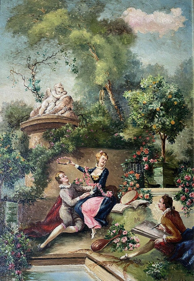 French  School Landscape Painting - CLASSICAL FRENCH OIL PAINTING FETE CHAMPETRE ELEGANT FIGURES COURTYARD SETTING