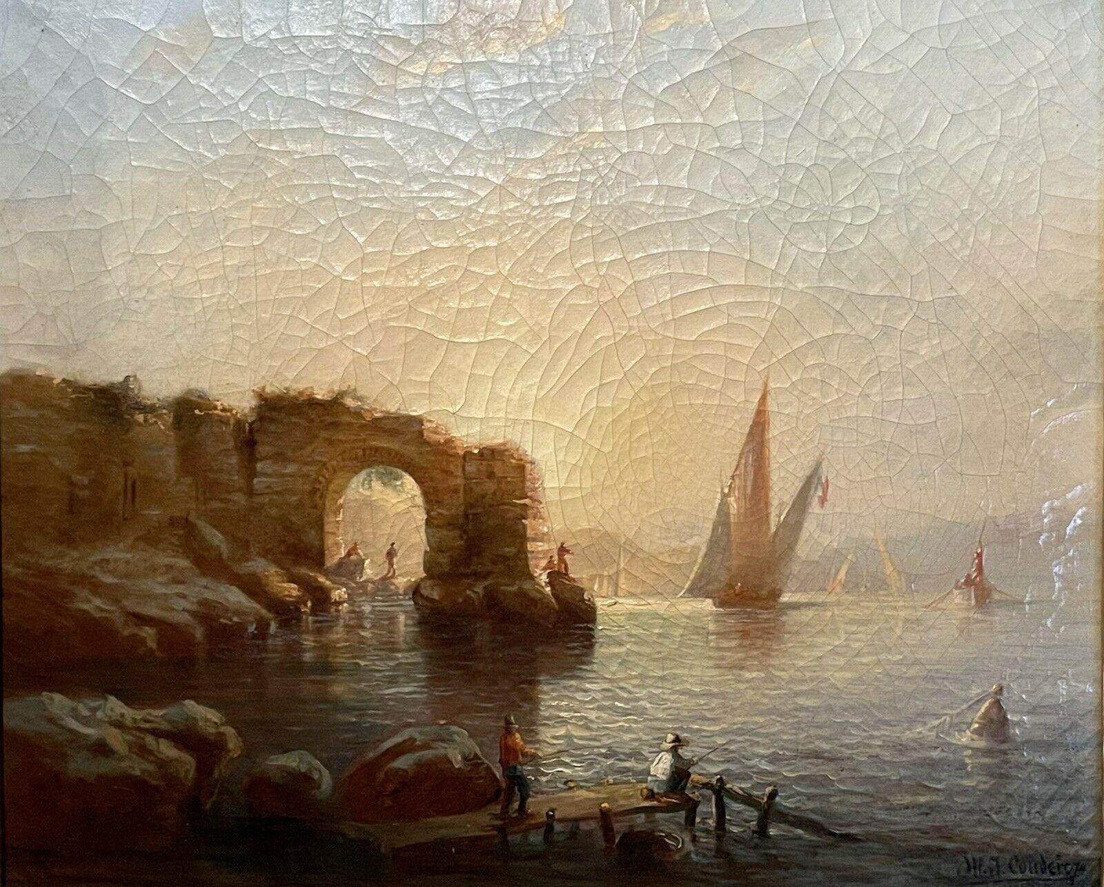FINE 19TH CENTURY FRENCH OIL - ROMANTIC COASTAL SCENE FIGURES BY RUINS AT SUNSET 1