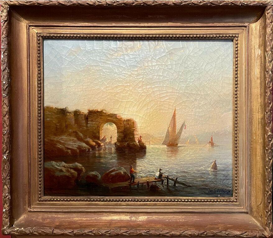 Artist: French School, signed and dated 1874 lower front corner.

Title: Fishermen at Sunset

Medium: oil painting on canvas, framed

Size: canvas: 16 x 19.25 inches framed: 20  x 22 inches

A fine 19th century French coastal scene, bathed in golden