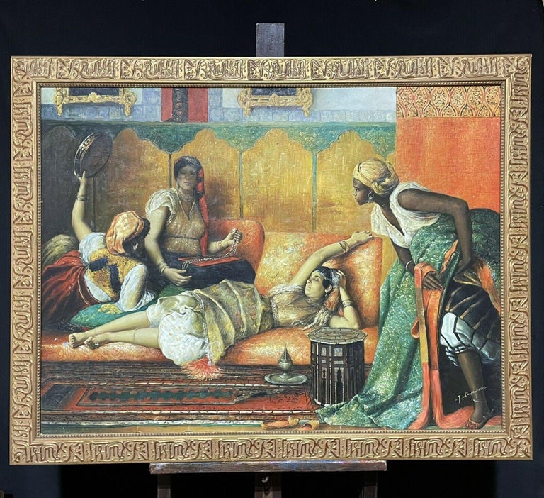 Huge Orientalist Oil Painting on Canvas Figures in Harem Interior - Framed - Brown Interior Painting by French School