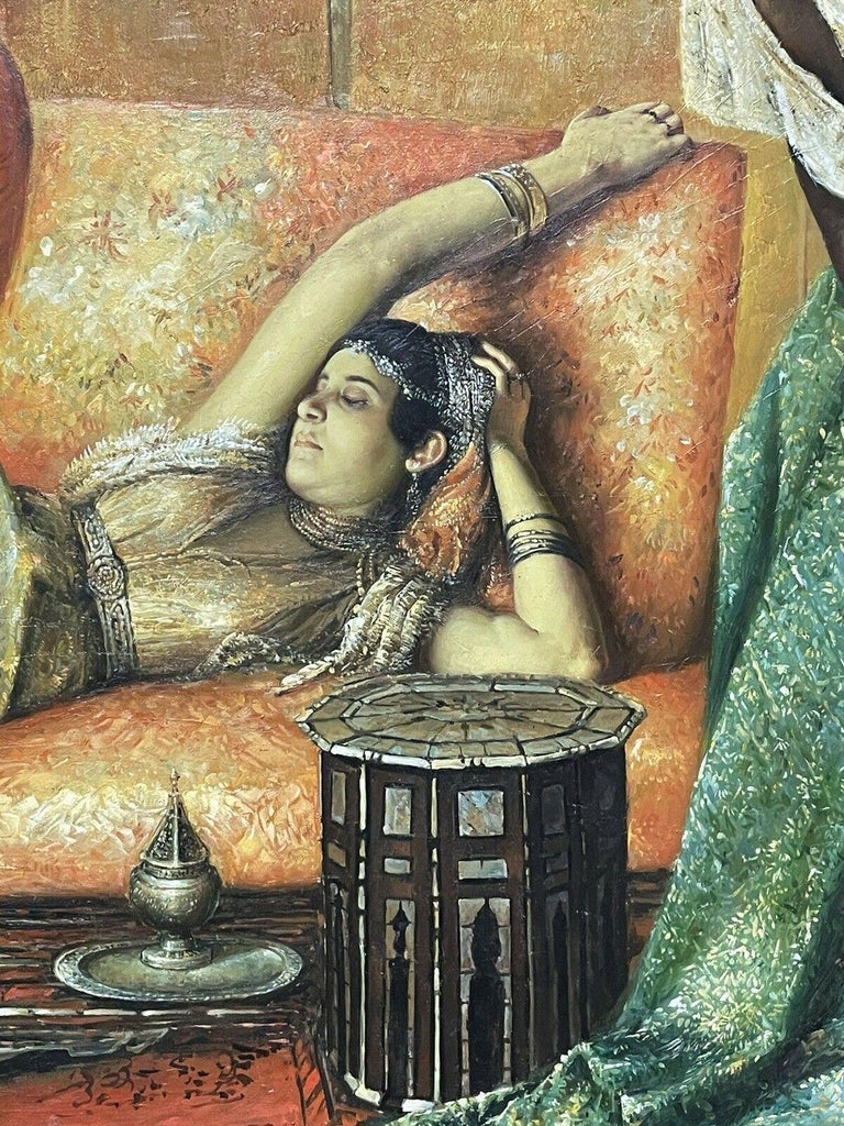 Huge Orientalist Oil Painting on Canvas Figures in Harem Interior - Framed For Sale 2