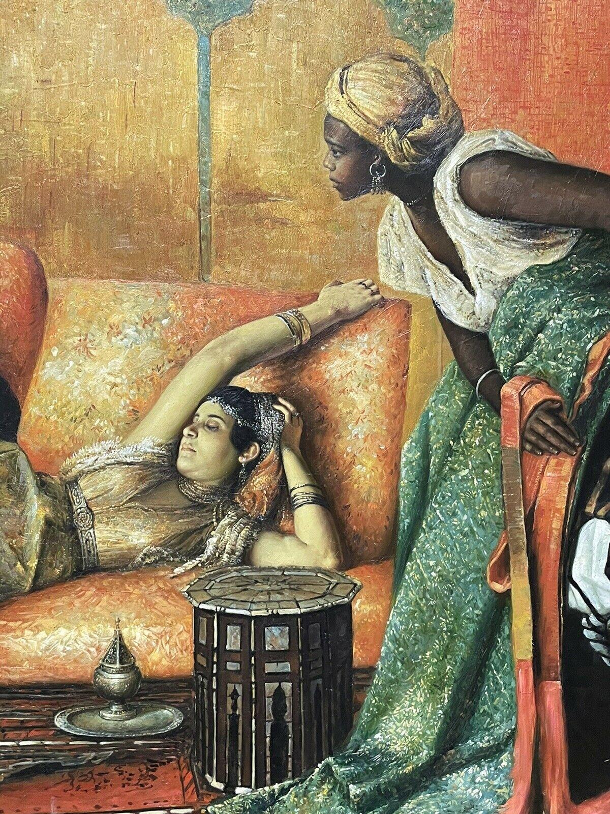 Huge Orientalist Oil Painting on Canvas Figures in Harem Interior - Framed 5