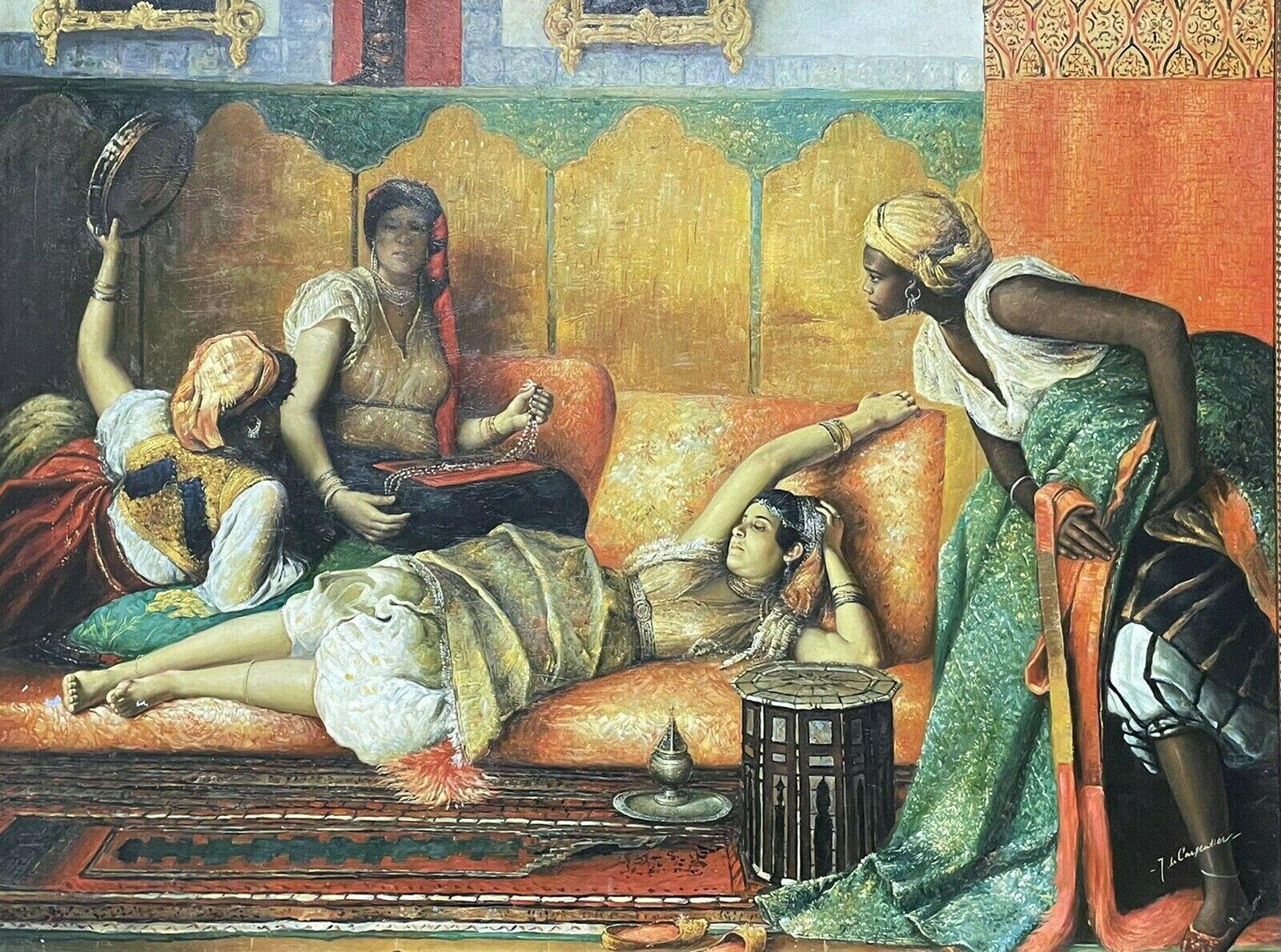 Artist/ School:
French School, late 20th century, indistinctly signed

Title: 
Orientalist harem interior scene

Medium: 
oil painting on canvas, framed

Size:  
frame: 41.5 x 53 inches 
painting: 35.5 x 47 inches

Provenance:
from a collection in