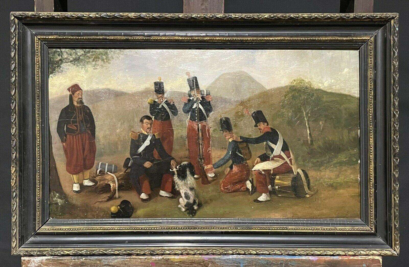 Unknown Figurative Painting - ANTIQUE FRENCH OIL PAINTING 19TH CENTURY SOLDIERS MAKING CAMP - MUSIC & DOG