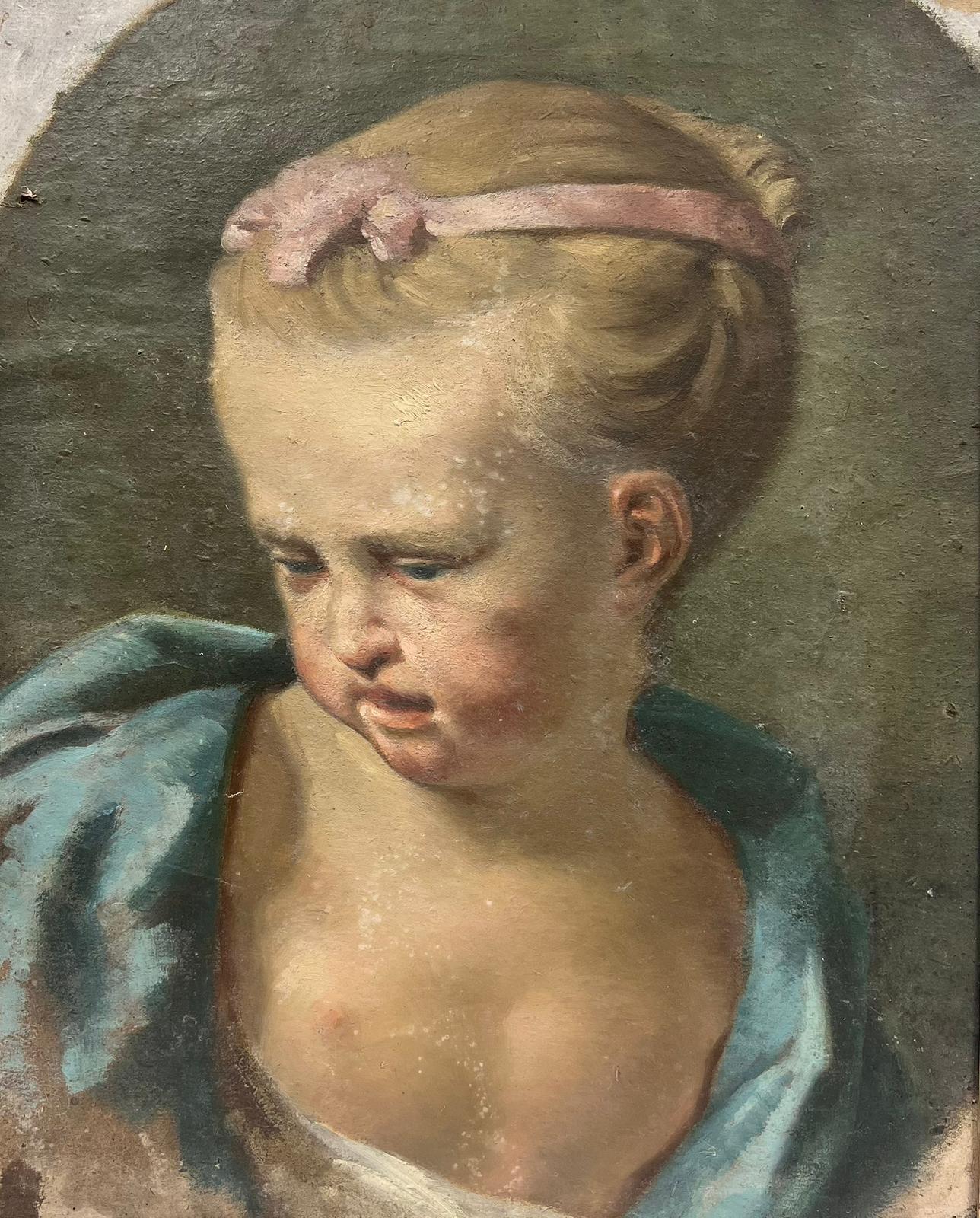 1800’s French Rococo Oil Portrait of Young Girl Pink Bow Blue Dress to restore  - Painting by French School