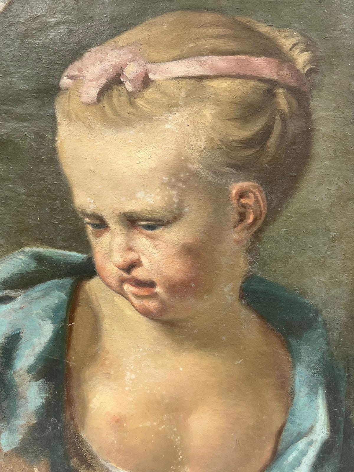 1800's Französisch Rokoko Öl Porträt des jungen Mädchens Rosa Schleife Blaues Kleid zu restaurieren  im Angebot 1