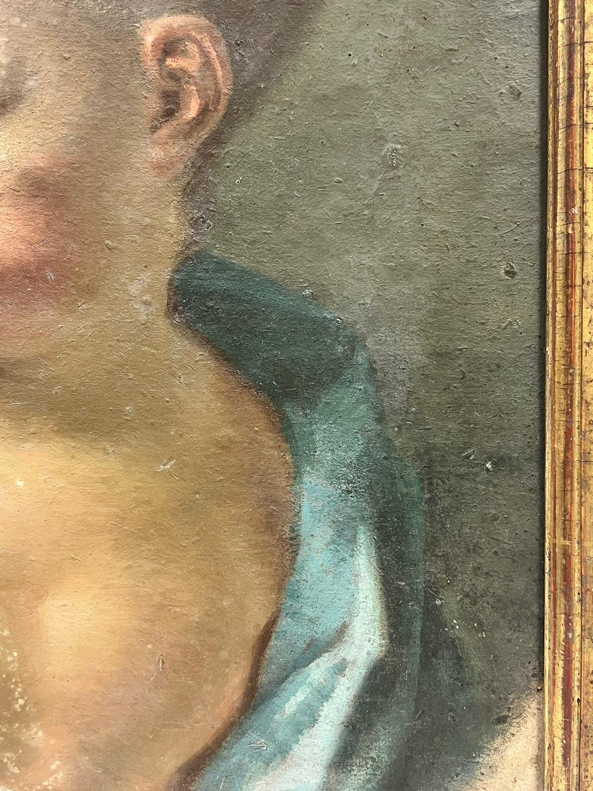 Huile française rococo des années 1800 Portrait d'une jeune fille rose à nœud bleu Robe à restaurer  en vente 2