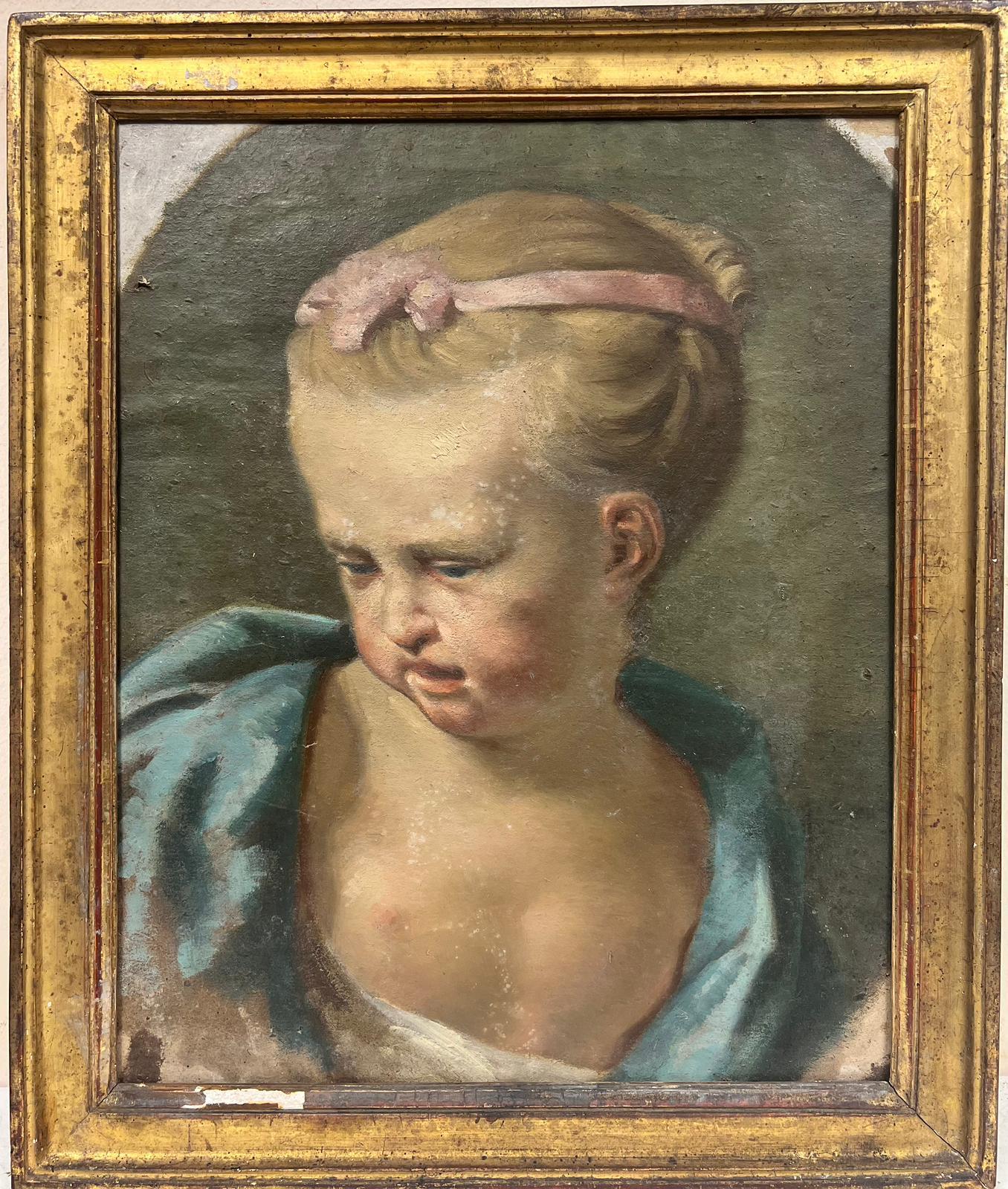 French School Figurative Painting - 1800’s French Rococo Oil Portrait of Young Girl Pink Bow Blue Dress to restore 