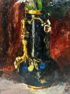 1890's French Impressionist Signed Oil Still Life Flowers in Vase Beautiful Work