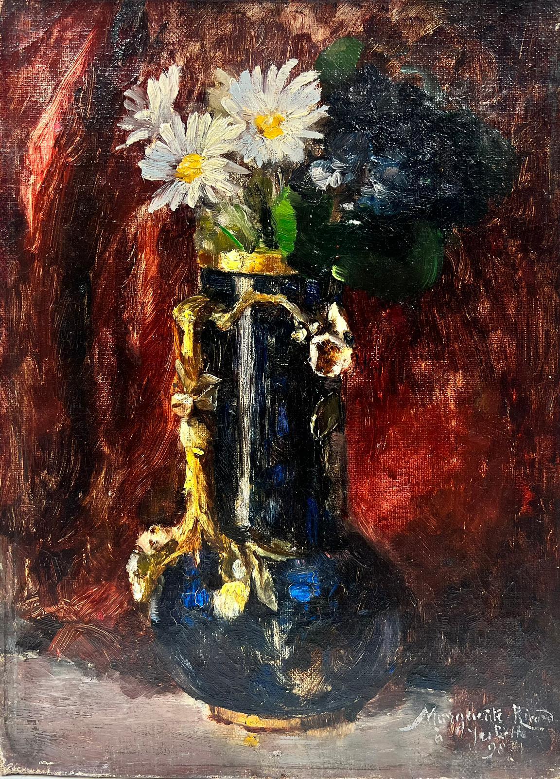 1890's French Impressionist Signed Oil Still Life Flowers in Vase Beautiful Work