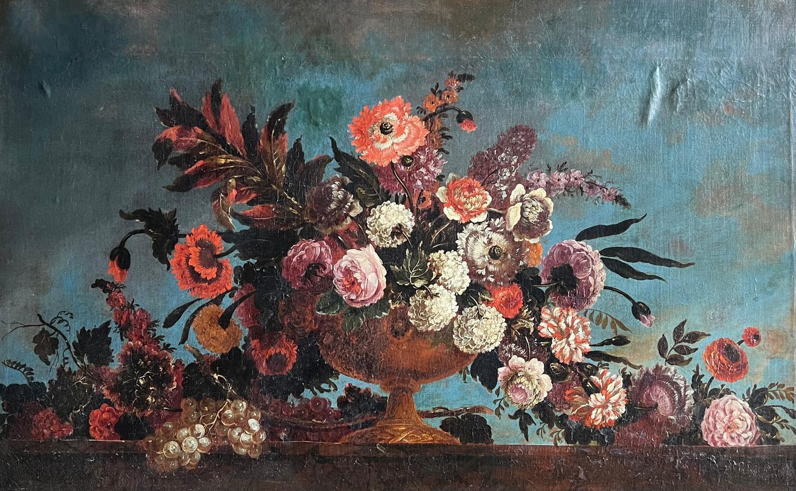 Siglo XVIII Enorme bodegón floral Pintura al óleo que representa un ramo Urna adornada