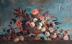 18th Century Huge Floral Still Life Oil Painting Depicting Bouquet Ornate Urn