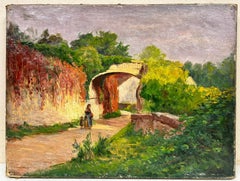 1900’s French Impressionist Oil Mother & Child Walking Country Lane in Sunshine