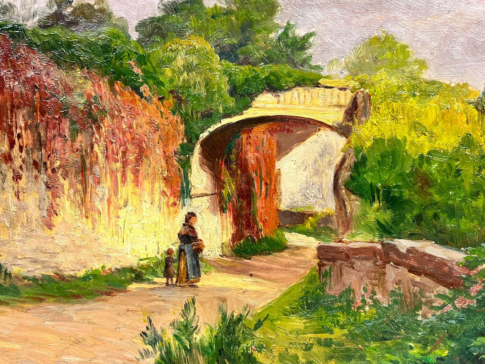 1900’s French Impressionist Oil Mother & Child Walking Country Lane in Sunshine  For Sale 1