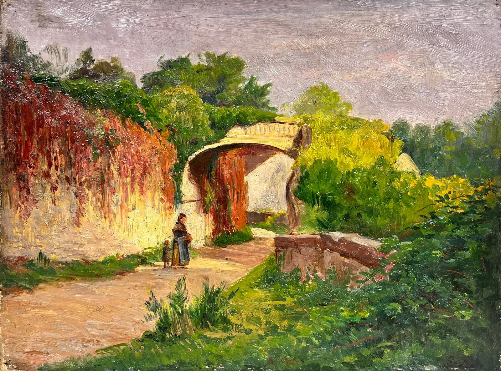 1900’s French Impressionist Oil Mother & Child Walking Country Lane in Sunshine 