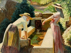 1900’s French Oil Ladies Washing Laundry Village Water Fountain Golden Light