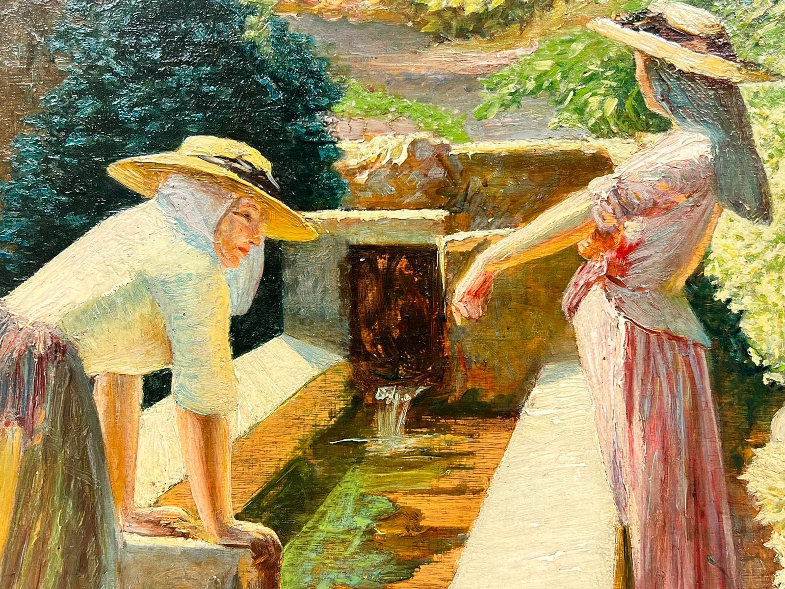 1900's French Oil Ladies Washing Laundry Village Water Fountain Golden Light (Impressionismus), Painting, von French School