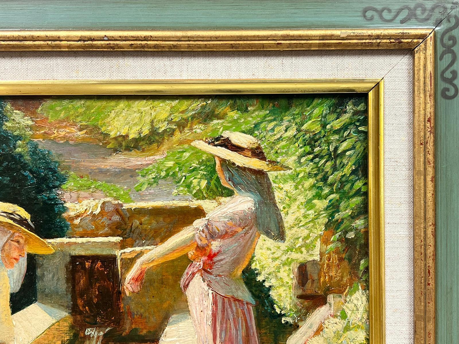Der alte steinerne Wasserbrunnen 
Französische Schule, frühe 1900er Jahre
Ölgemälde auf Karton, gerahmt
Gerahmt: 16 x 19 Zoll
Brett: 12 x 15,5 Zoll
Provenienz: Privatsammlung, Frankreich
Zustand: insgesamt sehr gut