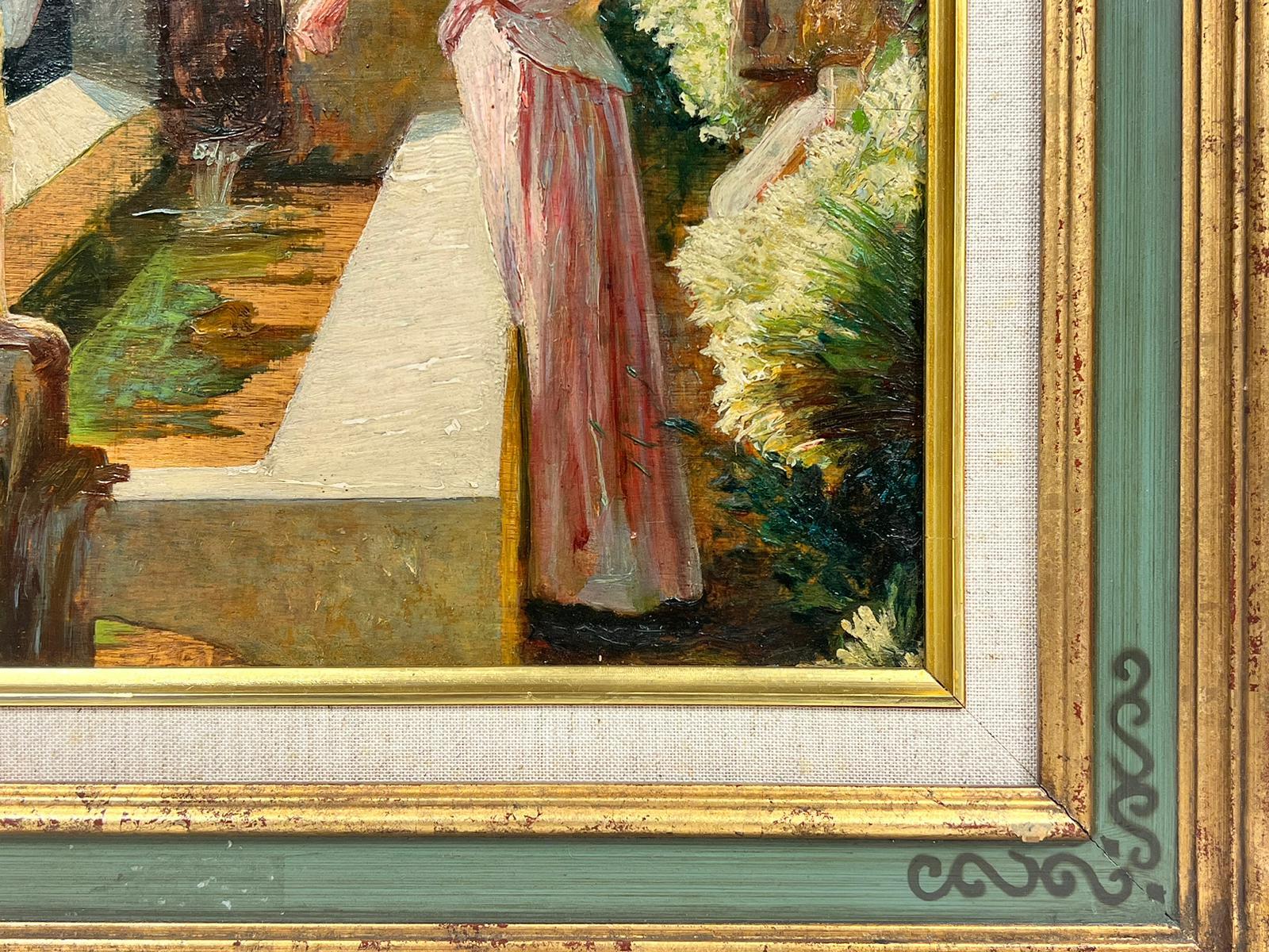 1900's French Oil Ladies Washing Laundry Village Water Fountain Golden Light 1